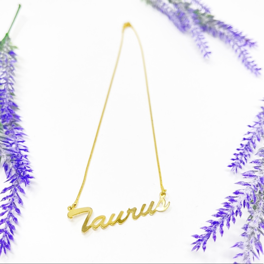 Vintage Retro Taurus Astrological Zodiac Sign Spell Out Gold Tone Necklace